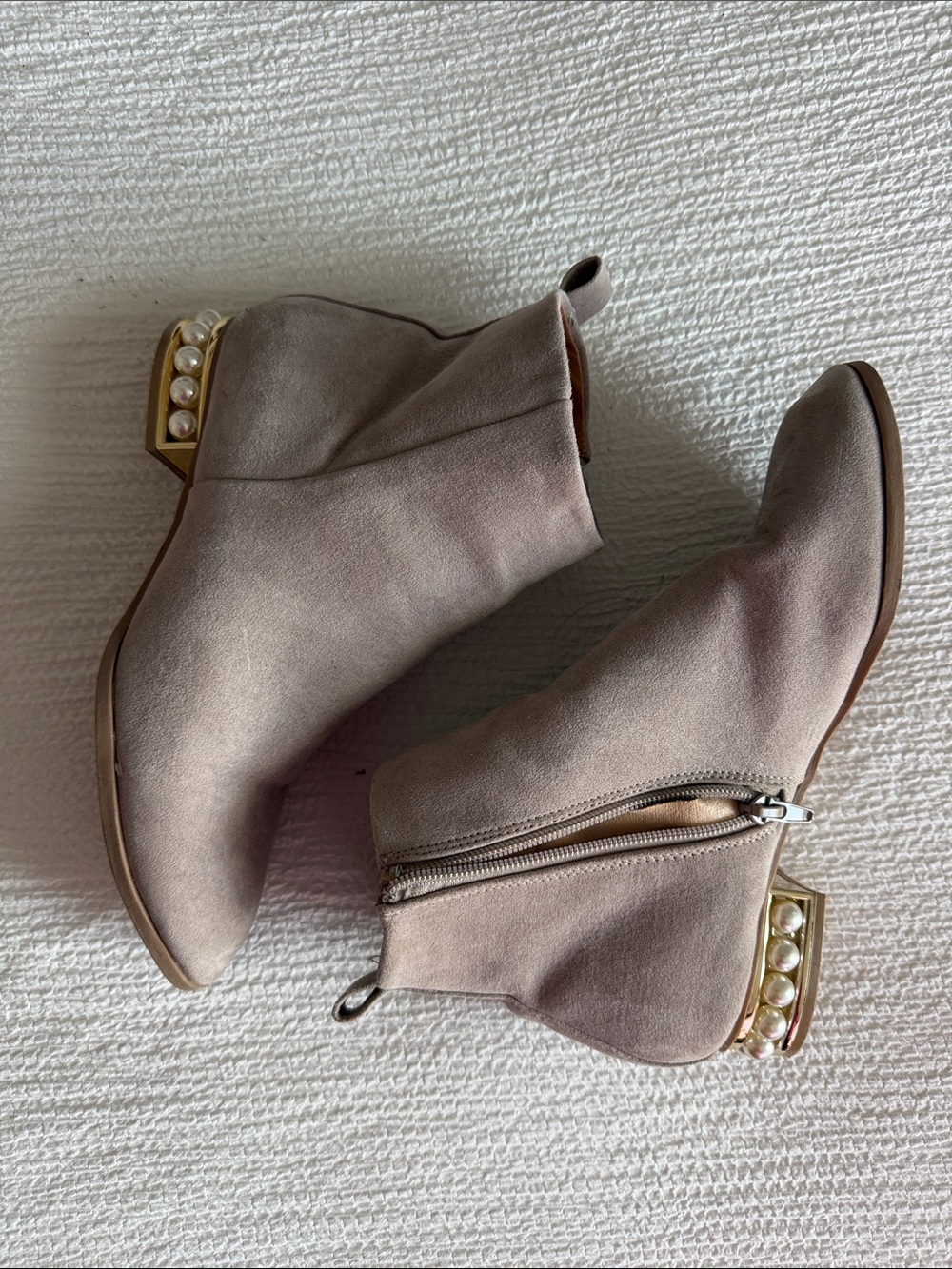 Qupid Taupe Pearl Heel Ankle Booties